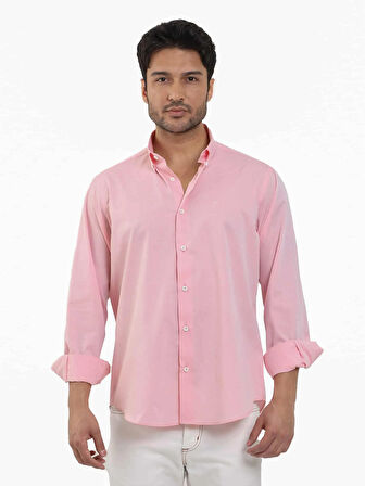 Dufy Açık Kırmızı Erkek Regular Fit Düz Brent Düğmeli Yaka Uzun Kol Gömlek - 102219