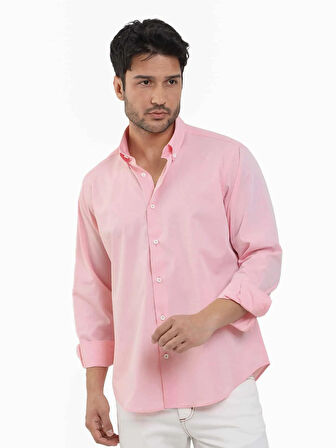Dufy Açık Kırmızı Erkek Regular Fit Düz Brent Düğmeli Yaka Uzun Kol Gömlek - 102219