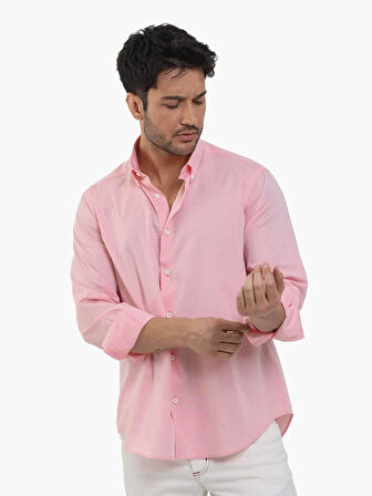 Dufy Açık Kırmızı Erkek Regular Fit Düz Brent Düğmeli Yaka Uzun Kol Gömlek - 102219