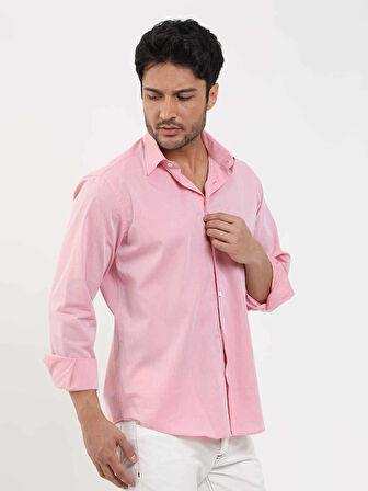 Dufy Açık Bordo Erkek Regular Fit Düz Brent Düğmeli Yaka Uzun Kol Gömlek - 102229