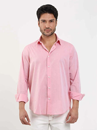 Dufy Açık Bordo Erkek Regular Fit Düz Brent Düğmeli Yaka Uzun Kol Gömlek - 102229