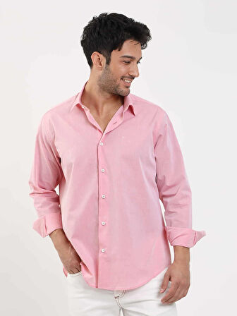 Dufy Açık Bordo Erkek Regular Fit Düz Brent Düğmeli Yaka Uzun Kol Gömlek - 102229