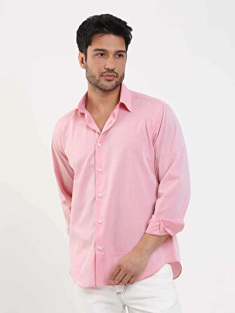 Dufy Açık Bordo Erkek Regular Fit Düz Brent Düğmeli Yaka Uzun Kol Gömlek - 102229