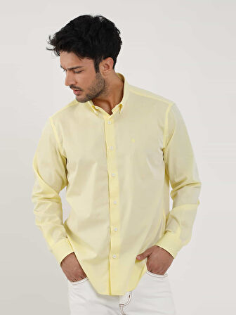 Dufy Sarı Erkek Regular Fit Düz Brent Düğmeli Yaka Uzun Kol Gömlek - 102254