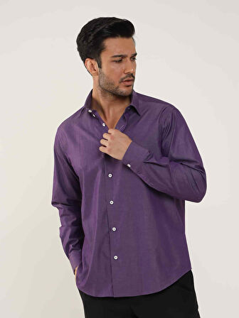 Dufy Mürdüm Erkek Regular Fit Düz Brent Düğmeli Yaka Uzun Kol Gömlek - 102264