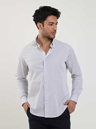 Dufy Gri Erkek Regular Fit Düz Brent Düğmeli Yaka Uzun Kol Gömlek - 102279