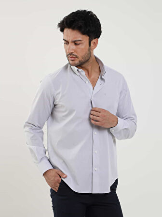 Dufy Gri Erkek Regular Fit Düz Brent Düğmeli Yaka Uzun Kol Gömlek - 102279