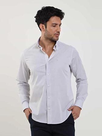 Dufy Gri Erkek Regular Fit Düz Brent Düğmeli Yaka Uzun Kol Gömlek - 102279