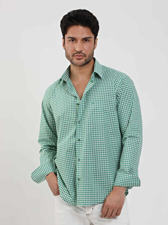 Dufy Yeşil Erkek Regular Fit Kareli Brent Düğmeli Yaka Uzun Kol Gömlek - 102289