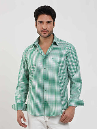 Dufy Yeşil Erkek Regular Fit Kareli Brent Düğmeli Yaka Uzun Kol Gömlek - 102289