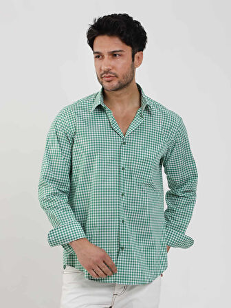 Dufy Yeşil Erkek Regular Fit Kareli Brent Düğmeli Yaka Uzun Kol Gömlek - 102289