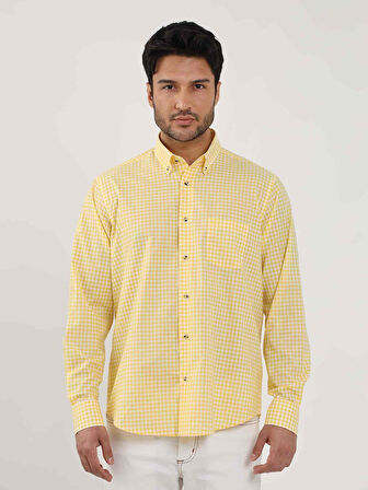 Dufy Sarı Erkek Regular Fit Kareli Brent Düğmeli Yaka Uzun Kol Gömlek - 102349