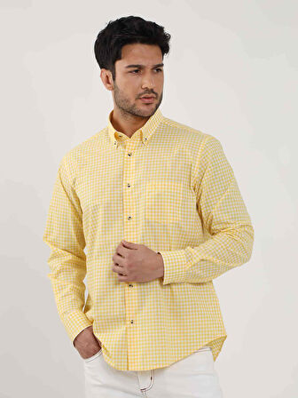 Dufy Sarı Erkek Regular Fit Kareli Brent Düğmeli Yaka Uzun Kol Gömlek - 102349