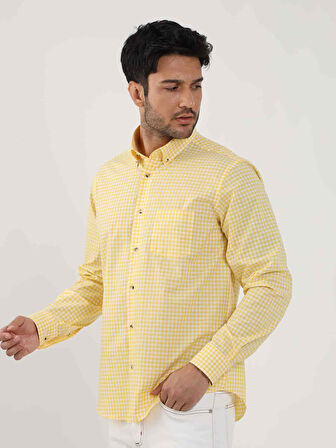 Dufy Sarı Erkek Regular Fit Kareli Brent Düğmeli Yaka Uzun Kol Gömlek - 102349