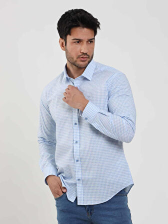 Dufy Mavi Erkek Slim Fit Kareli Brent Yaka Uzun Kol Gömlek - 102384