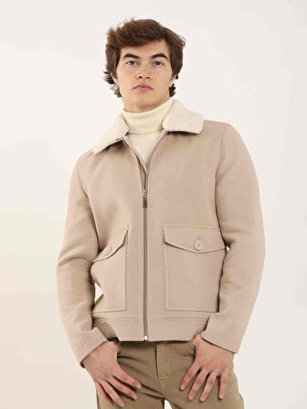 Dufy Bej Erkek Regular Fit Düz Klasik Kürklü Yaka Kaban - 102399