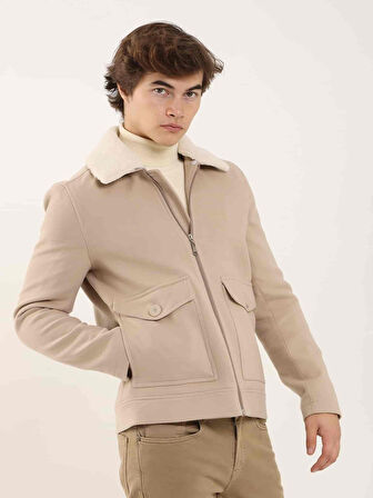 Dufy Bej Erkek Regular Fit Düz Klasik Kürklü Yaka Kaban - 102399