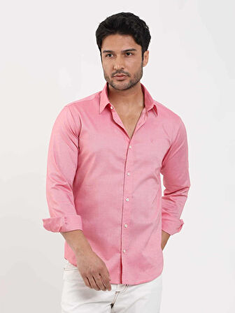 Dufy Açık Kırmızı Erkek Slim Fit Düz Brent Düğmeli Yaka Uzun Kol Gömlek - 102439