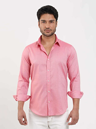 Dufy Açık Kırmızı Erkek Slim Fit Düz Brent Düğmeli Yaka Uzun Kol Gömlek - 102439