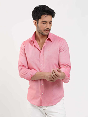 Dufy Açık Kırmızı Erkek Slim Fit Düz Brent Düğmeli Yaka Uzun Kol Gömlek - 102439