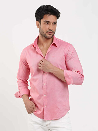 Dufy Açık Kırmızı Erkek Slim Fit Düz Brent Düğmeli Yaka Uzun Kol Gömlek - 102439