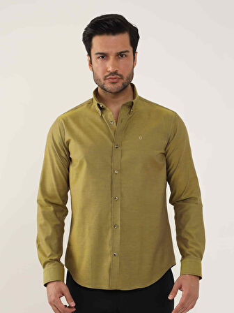 Dufy Hardal Erkek Slim Fit Düz Brent Düğmeli Yaka Uzun Kol Gömlek - 102454