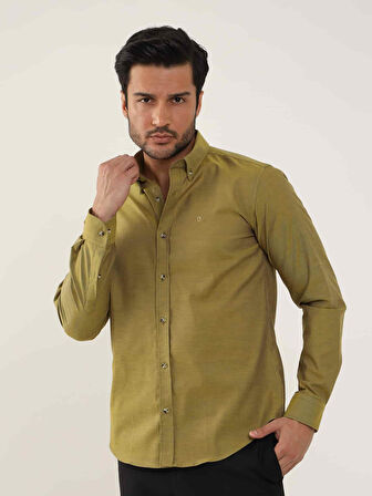 Dufy Hardal Erkek Slim Fit Düz Brent Düğmeli Yaka Uzun Kol Gömlek - 102454