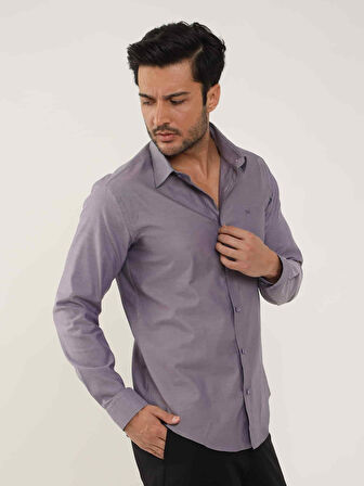 Dufy Mor Erkek Slim Fit Düz Brent Düğmeli Yaka Uzun Kol Gömlek - 102459