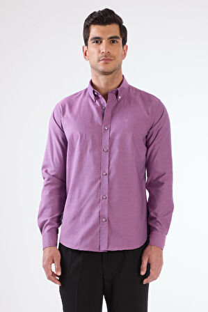 Koyu Lila Erkek Slim Fit Düz Brent Düğmeli Yaka Uzun Kol Gömlek 