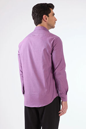 Koyu Lila Erkek Slim Fit Düz Brent Düğmeli Yaka Uzun Kol Gömlek 