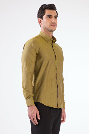 Koyu Sarı Erkek Slim Fit Düz Brent Düğmeli Yaka Uzun Kol Gömlek 