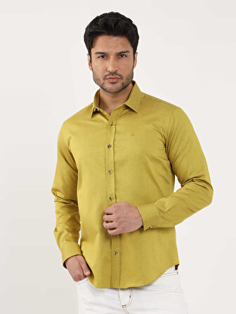 Dufy Koyu Sarı Erkek Slim Fit Düz Brent Yaka Uzun Kol Gömlek - 102499