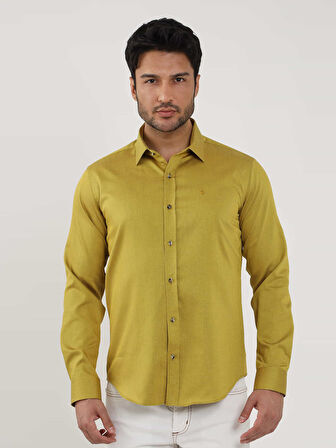 Dufy Koyu Sarı Erkek Slim Fit Düz Brent Yaka Uzun Kol Gömlek - 102499