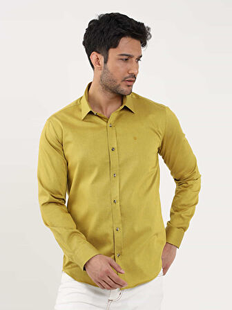 Dufy Koyu Sarı Erkek Slim Fit Düz Brent Yaka Uzun Kol Gömlek - 102499