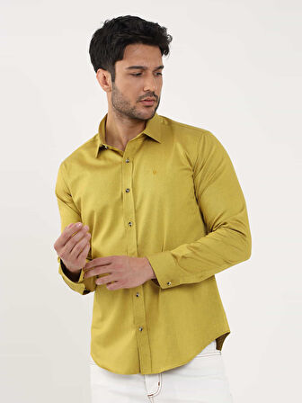 Dufy Koyu Sarı Erkek Slim Fit Düz Brent Yaka Uzun Kol Gömlek - 102499