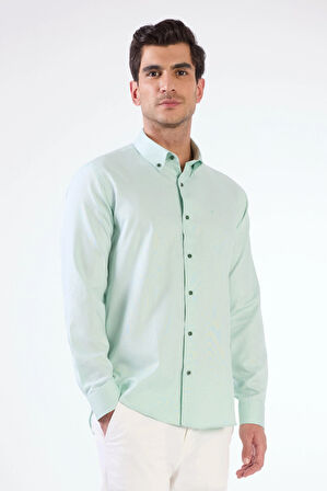 Yeşil Erkek Slim Fit Düz Düğmeli Yaka Uzun Kol Gömlek 