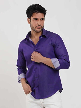 Dufy Mor Erkek Slim Fit Düz Düğmeli Yaka Uzun Kol Gömlek - 102519