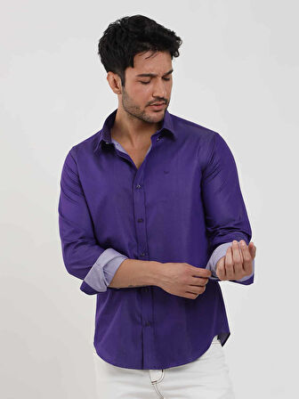 Dufy Mor Erkek Slim Fit Düz Düğmeli Yaka Uzun Kol Gömlek - 102519