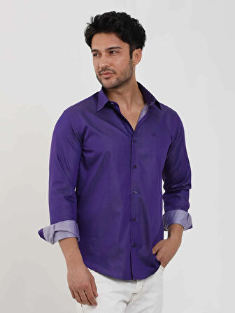 Dufy Mor Erkek Slim Fit Düz Düğmeli Yaka Uzun Kol Gömlek - 102519