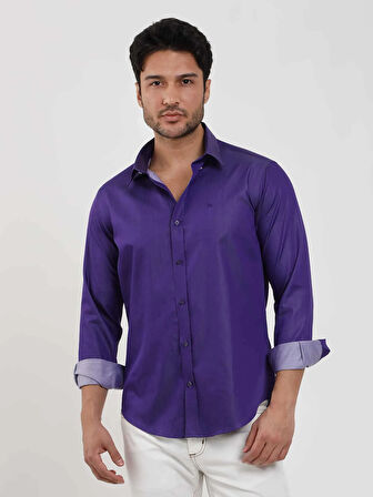 Dufy Mor Erkek Slim Fit Düz Düğmeli Yaka Uzun Kol Gömlek - 102519