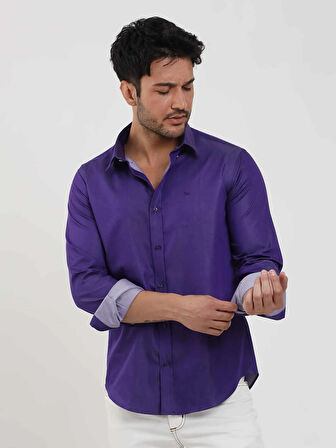 Dufy Mor Erkek Slim Fit Düz Düğmeli Yaka Uzun Kol Gömlek - 102519