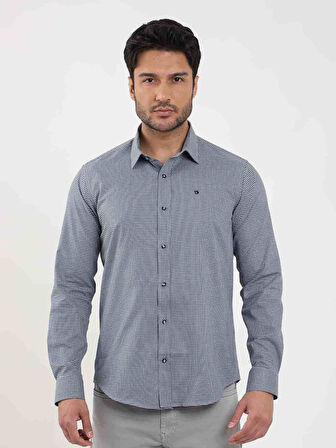 Dufy Mavi Erkek Slim Fit Desenli Brent Yaka Uzun Kol Gömlek - 102529