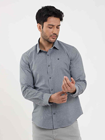 Dufy Mavi Erkek Slim Fit Desenli Brent Yaka Uzun Kol Gömlek - 102529