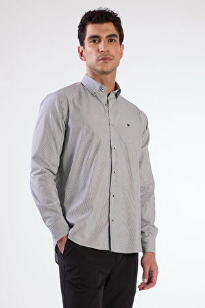 Siyah Erkek Regular Fit Çizgili Brent Yaka Uzun Kol Gömlek 