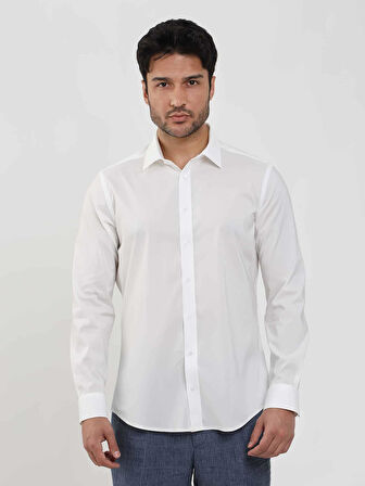 Dufy Beyaz Erkek Slim Fit Düz Klasik Yaka Uzun Kol Gömlek - 103119