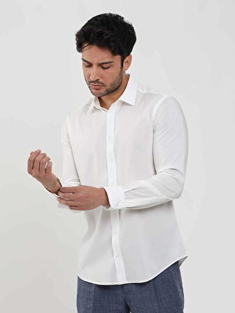 Dufy Beyaz Erkek Slim Fit Düz Klasik Yaka Uzun Kol Gömlek - 103119