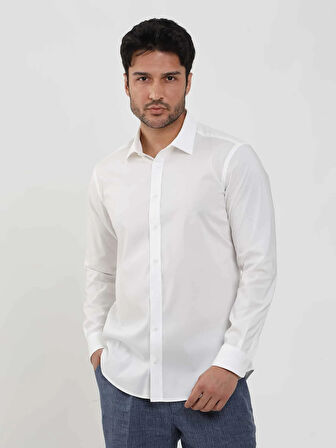 Dufy Beyaz Erkek Slim Fit Düz Klasik Yaka Uzun Kol Gömlek - 103119