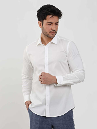Dufy Beyaz Erkek Slim Fit Düz Klasik Yaka Uzun Kol Gömlek - 103119