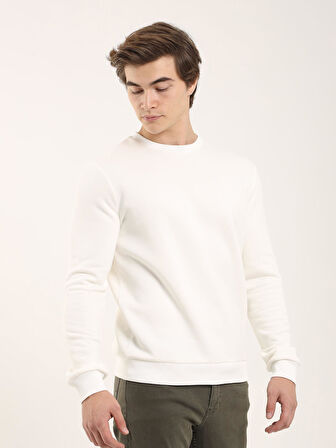 Dufy Ekru Erkek Oversize Düz Pamuklu Bisiklet Yaka Sweatshirt - 103677