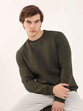 Dufy Haki Erkek Oversize Düz Pamuklu Bisiklet Yaka Sweatshirt - 103682